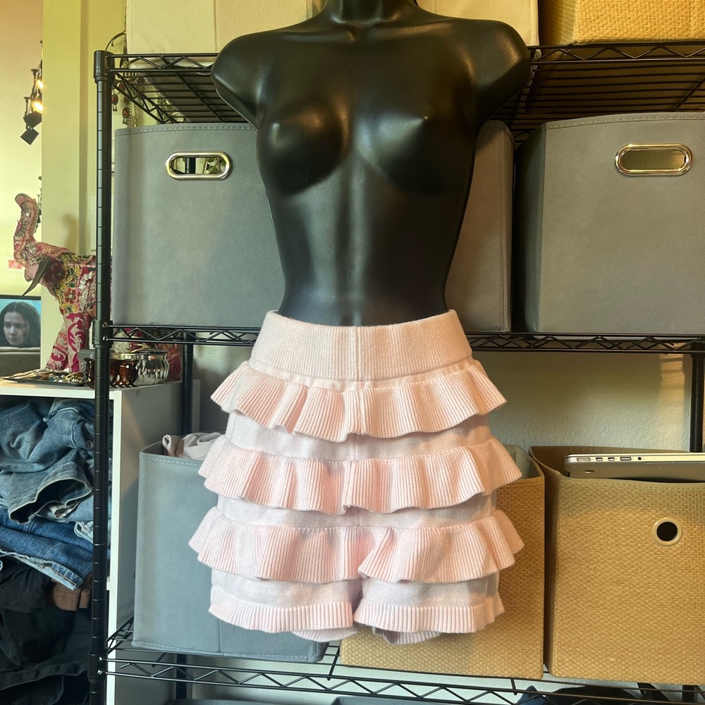 Striped Ruffle Knit Mini Skirt Shorts - Blush Pink